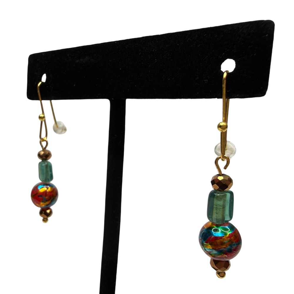 Artisan Lampwork Style Glass Dangle Earrings Gold Tone Beaded Dainty Jewelry 1in - Picture 2 of 6